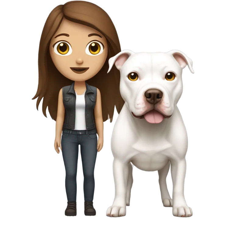 white woman with straight long brown hair standing alongside a white pitbull emoji