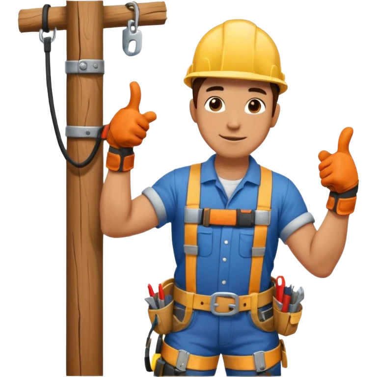 Un electricista subido en el poste de luz con todos sus implementos de seguridad haciendo like emoji