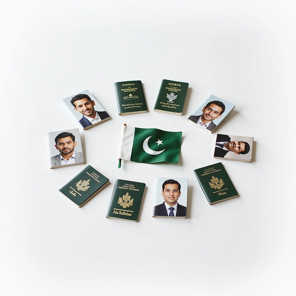 realistic thumbnail collage of Pakistani passport size photos arranged neatly on a white background with subtle green accent and small Pakistani flag, professional photo print out service emoji