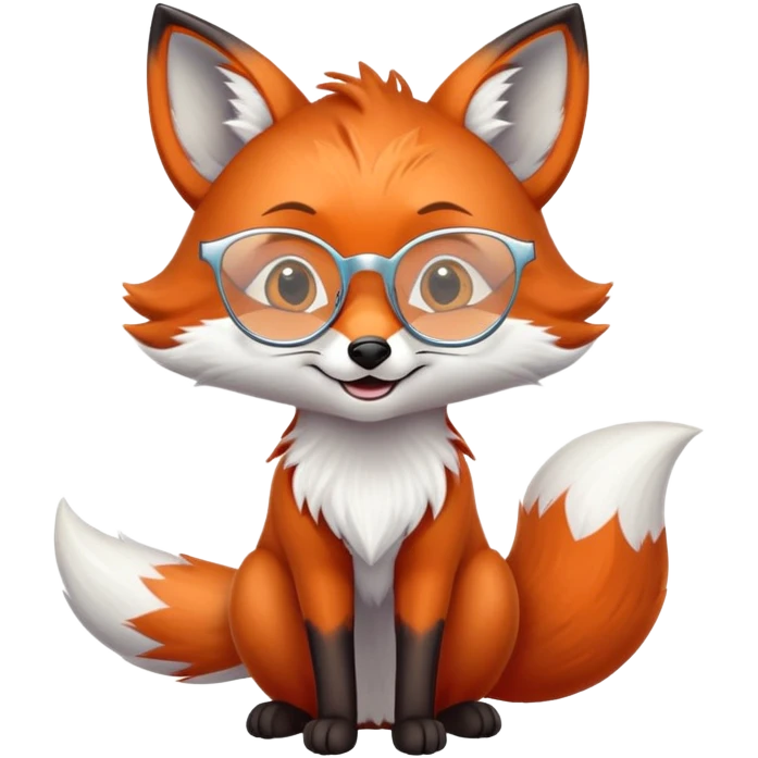 A sly fox with iridescent fur, a glowing tail, a silver star on its forehead, and round glasses, giving a mischievous smirk. 🦊😏 emoji