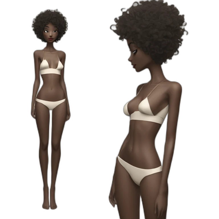 Fashion editorial style octane render, stylized, angle of a (Young Woman, skinny, fit, small breasts, bare belly, high-leg sexy beach outfit. 1. 3) Elusive hair (art by Hayv Kahraman0. 9) emoji