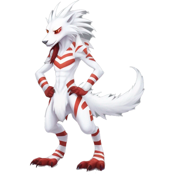 White edgy cute badass epic anthro modern albino sergal-vernid-Fakémon with red mane and red eyes, red stripes, red horns,  full body emoji