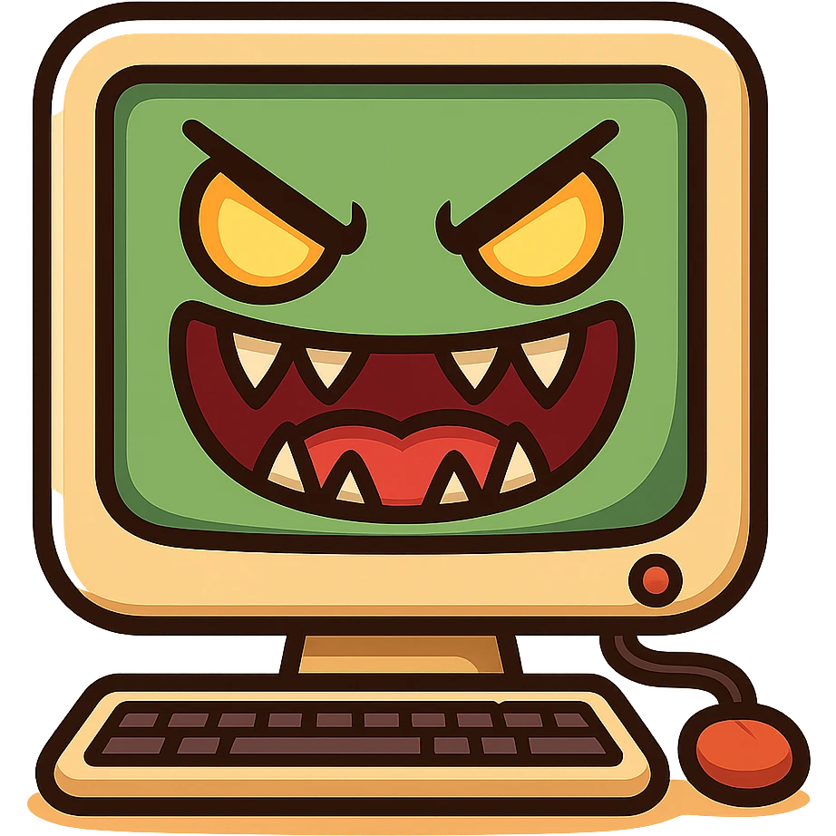 Make the computer virus icon look more dangerous by exaggerating the mischievous face with sharp teeth and glowing eyes. Keep the playful cartoon style with no background. emoji