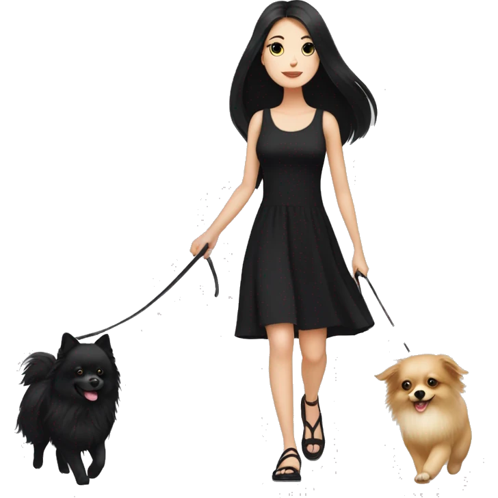 pale girl with long black hair wearing black dress walking with pomeranian emoji