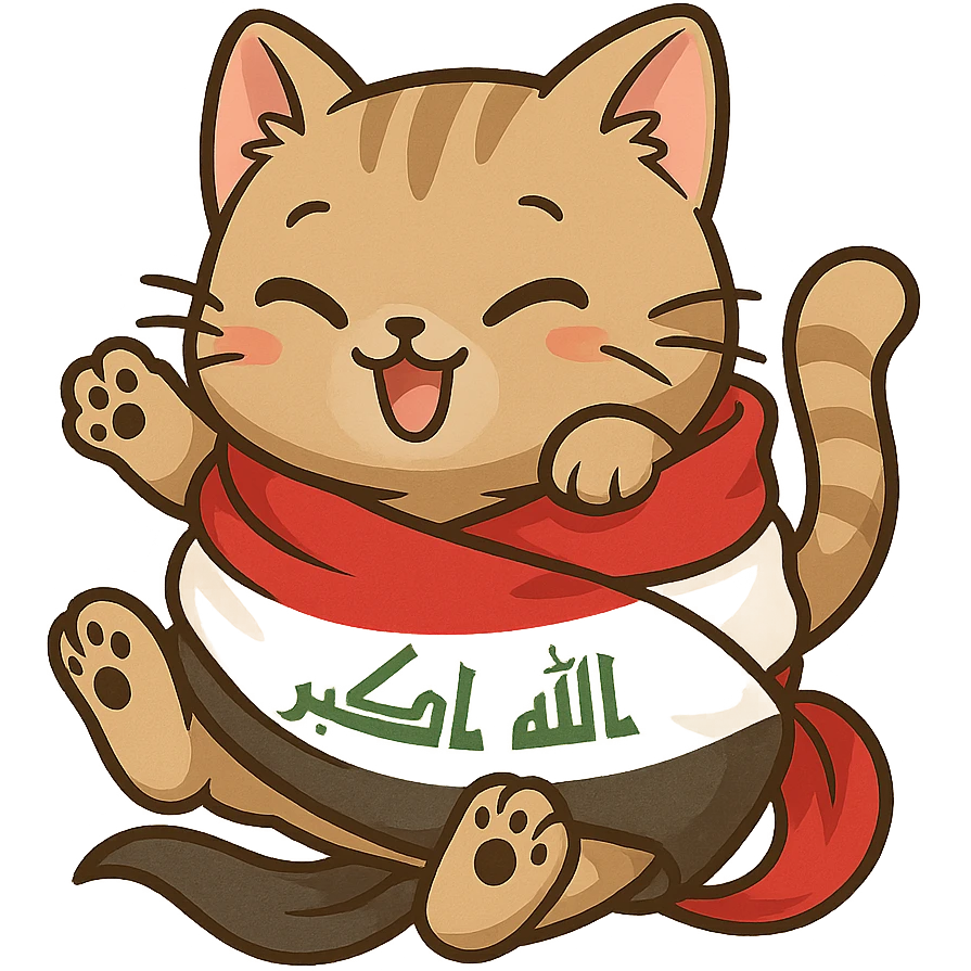 cat tangled in the Iraq flag, humorous and lighthearted, cartoon style emoji