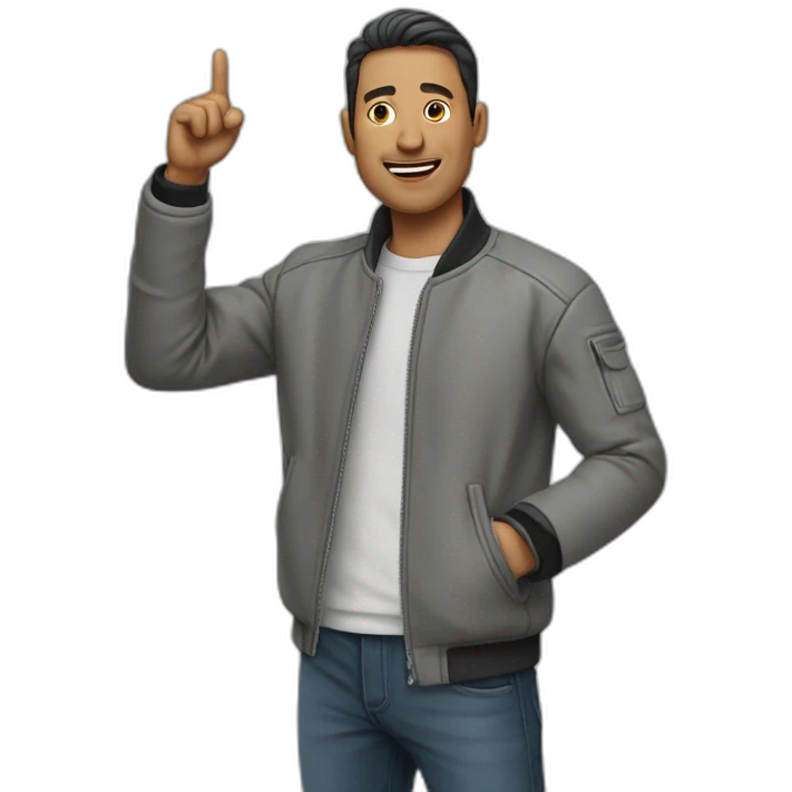 Man with grey détectiv jacket, with one hand pointed in air emoji