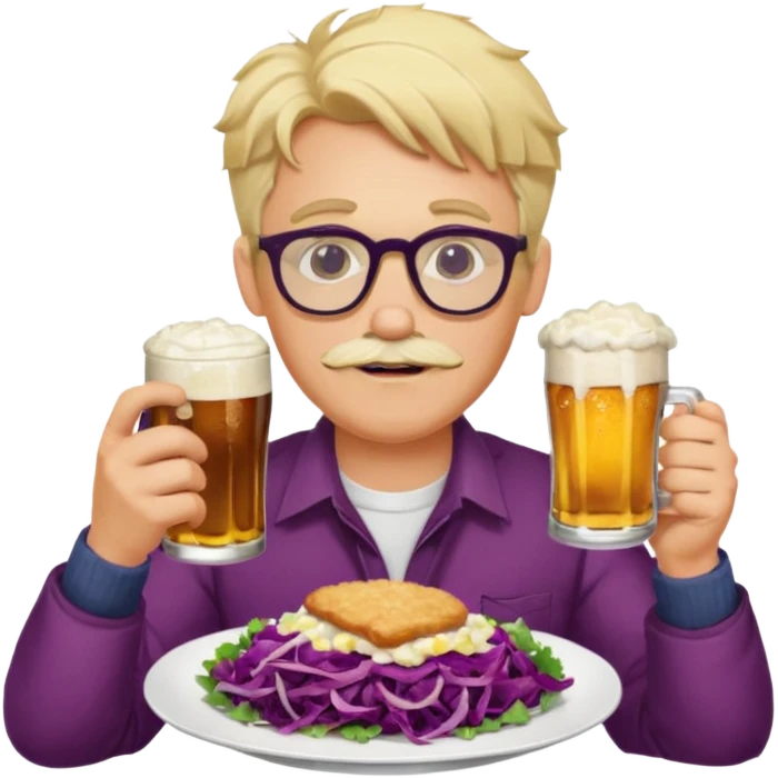 Man with wire framed glasses german eating schnitzel, red cabbage, sauerkraut, potato salad, and beer. Man is blonde and no mustache emoji