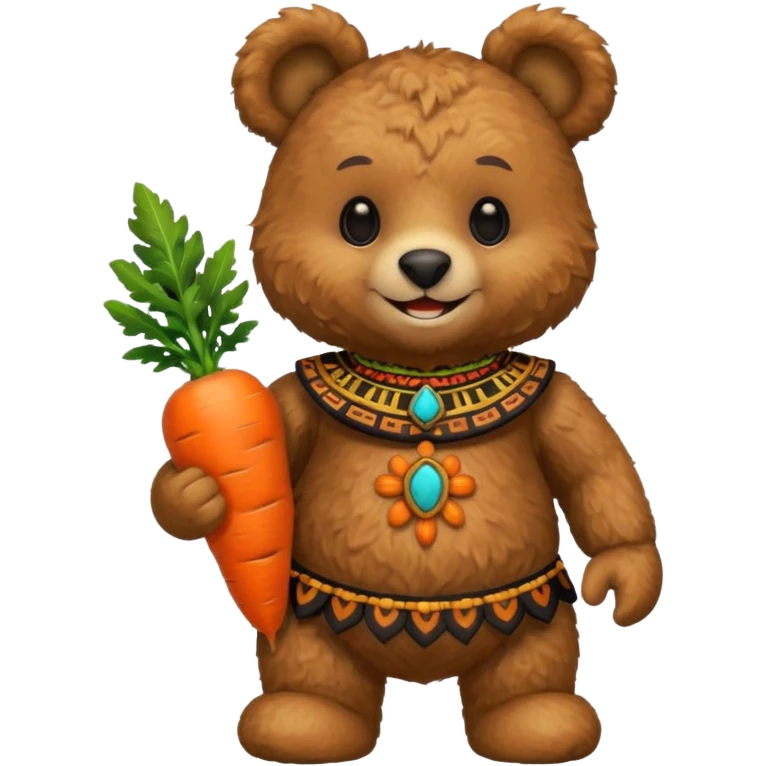 teddy bear, wearing black mayan ancient custome, with carrot half body emoji