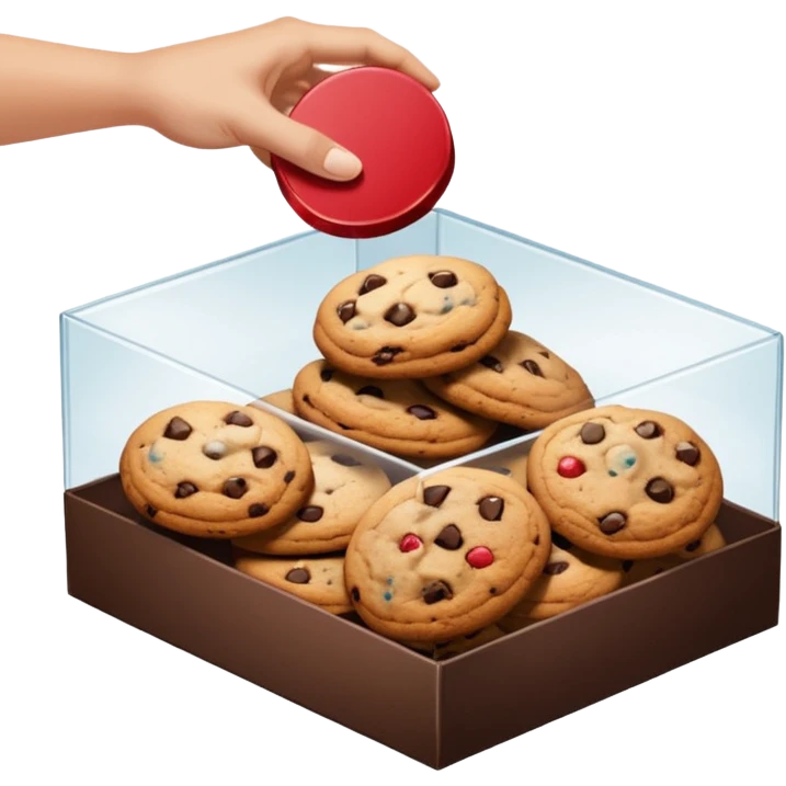a hand taking a package from a transparent box of cookies emoji