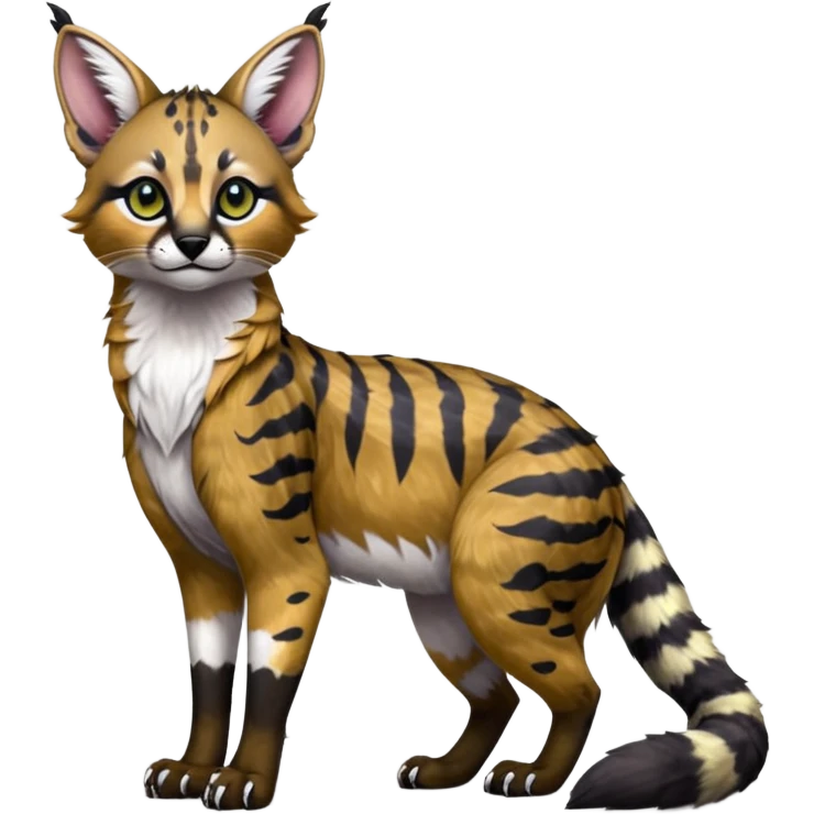 Colorful dark tropical exotic cute cool beautiful shiny beautiful fantasy-caracal-civet-genet-sergal-vernid-serval-Gryphon-Cacomistle-Trico-oncilla-animal-Fakémon-hybrid-fursona (full body) emoji