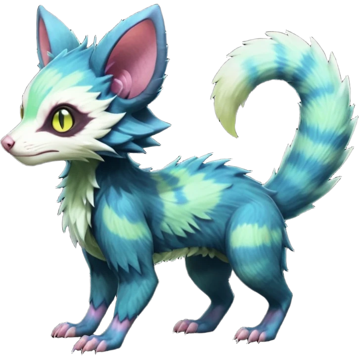 Realistic Sharp mossy elemental detailed Colorful translucent luminescent glowing Trico-Lykoi-Noibat-Sergal-Furret-Ferret-Wolverine-Vernid-furry-fursona-fusion-Fakemon-animal-hybrid-creature, full body emoji