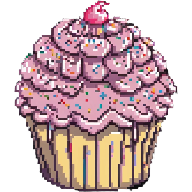 giant cupcake with pink icing and colorful sprinkles in pixel art style emoji