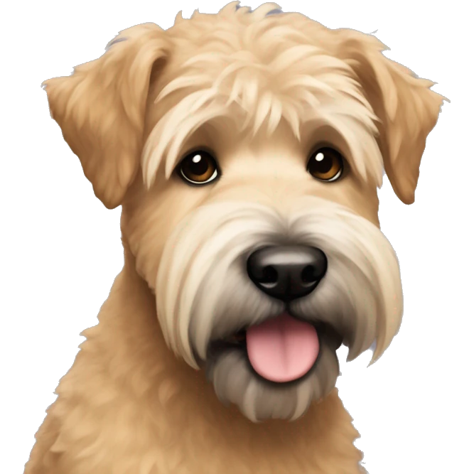 Wheaten terrier with a fluffy puppy haircut and black ears and chin emoji