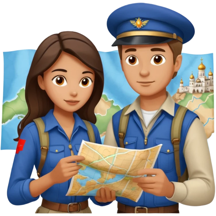 Russian man and elegant Spanish girl in adventure outfits with a map planning  emoji