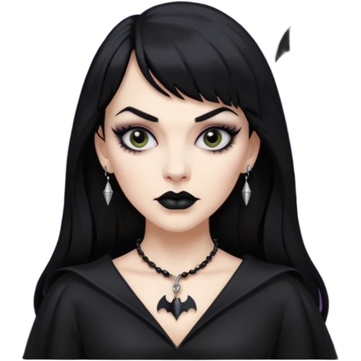 vampira mulher branca com cabelo preto longo com franja quadrada, sobrancelha grossa e lábios com batom preto com colar preto e pingente de morcego preto emoji