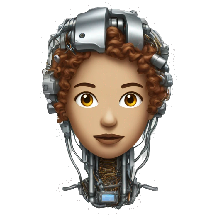 metal female cyborg head with brown curly hair and circuitry emoji
