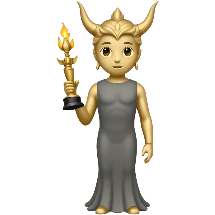 Minimalist emoji-style sticker of a full-body Oscar-like statue in matte gray-gold, with small horns  and faint flames at the base, all in black and muted hues emoji
