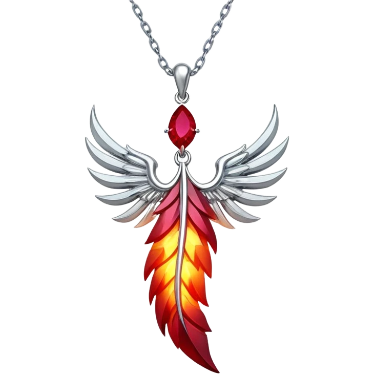 ruby pendant shaped like a phoenix feather, glowing with fiery energy, silver chain undulating magically emoji