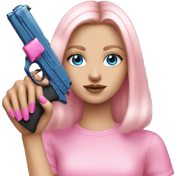 White Girl hand pink nails holding pink gun with blue eyes emoji