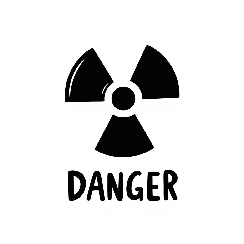 Hand-drawn radiation warning trefoil symbol with hazard text emoji