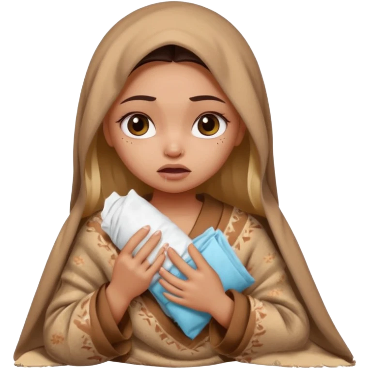 a pretty bratz fair indian girl wearing a brown pajamas and blnaket, dark circles, crying, holding tissues emoji