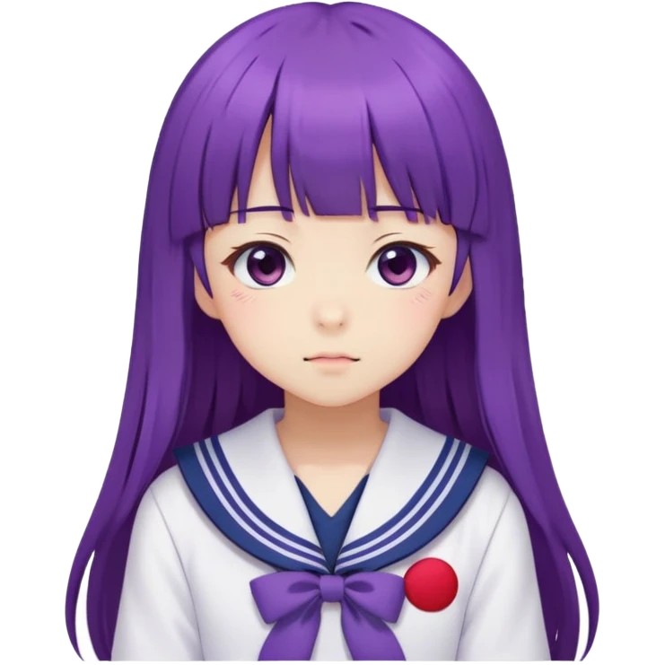 Shy anime girl with purple long hair and bangs wearing Japanese sailor style school uniform, blushing, kawaii style emoji