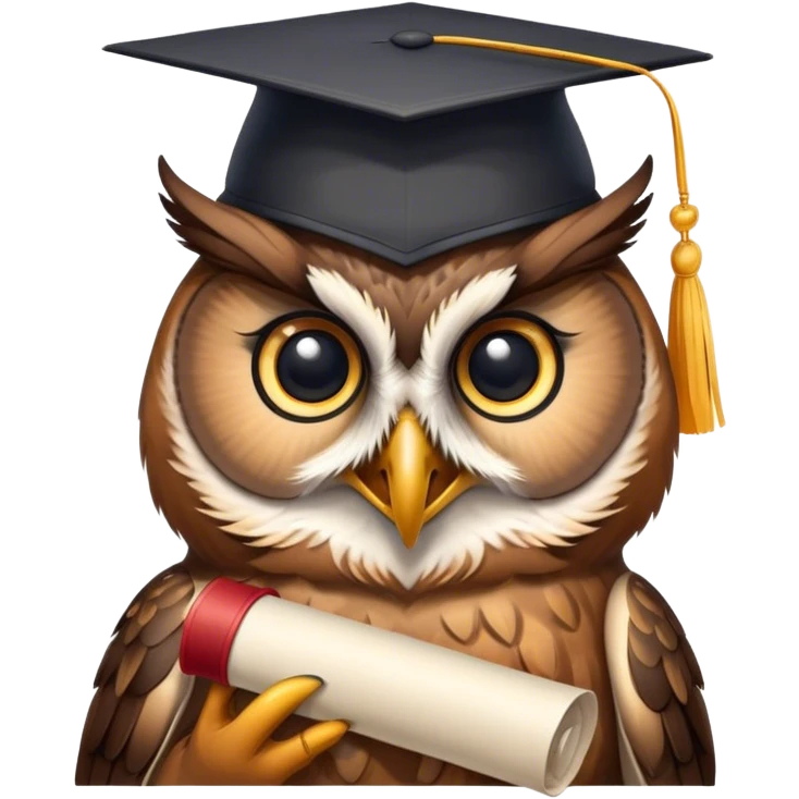 Owl smiling with graduation hat and diploma in claws emoji