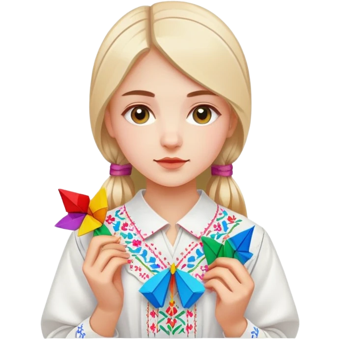 Ukrainian young girl in a white embroidered traditional shirt (vyshyvanka) holding colorful origami emoji