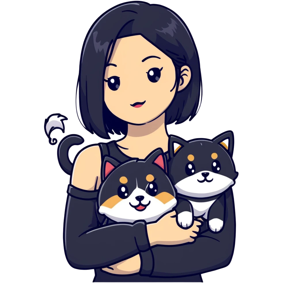 girl with black shoulder-length hair wearing a black tight-fitting top with a calico cat with white mouth and a shiba inu dog emoji