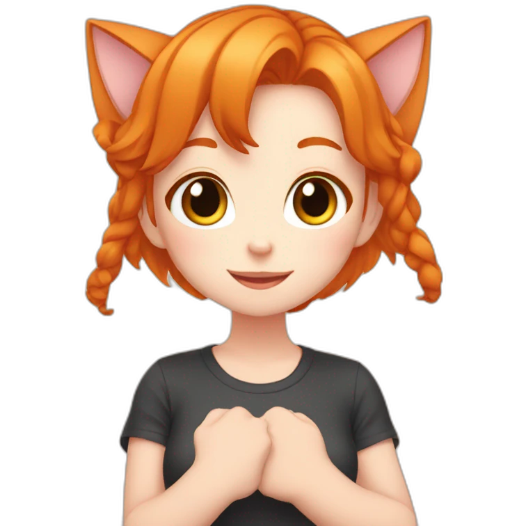 Ginger anime girl making heart with fingers has cat ears emoji