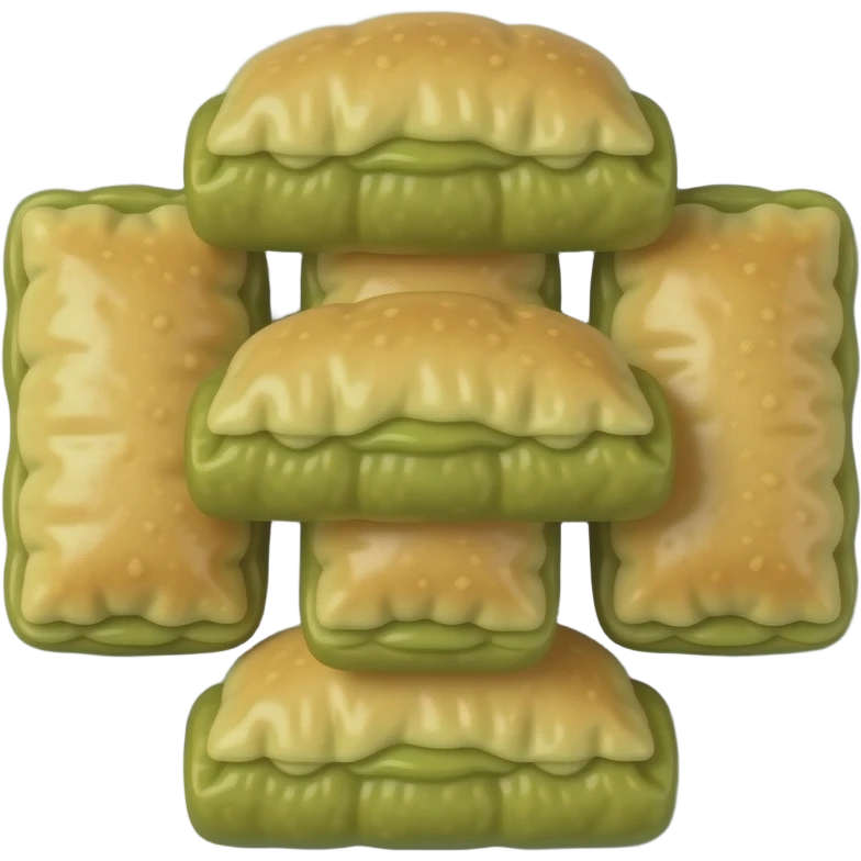 Gümüş bir tabakta 6 adet 2li şekilde 3 sıra dizilmiş fıstıklı baklava emoji