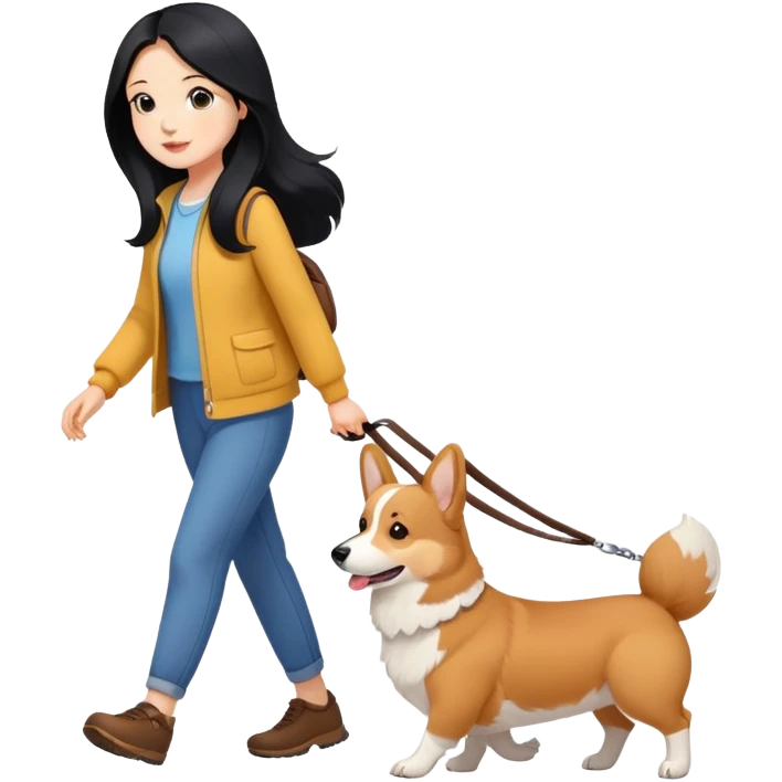 A girl with long black hair walking a corgi emoji