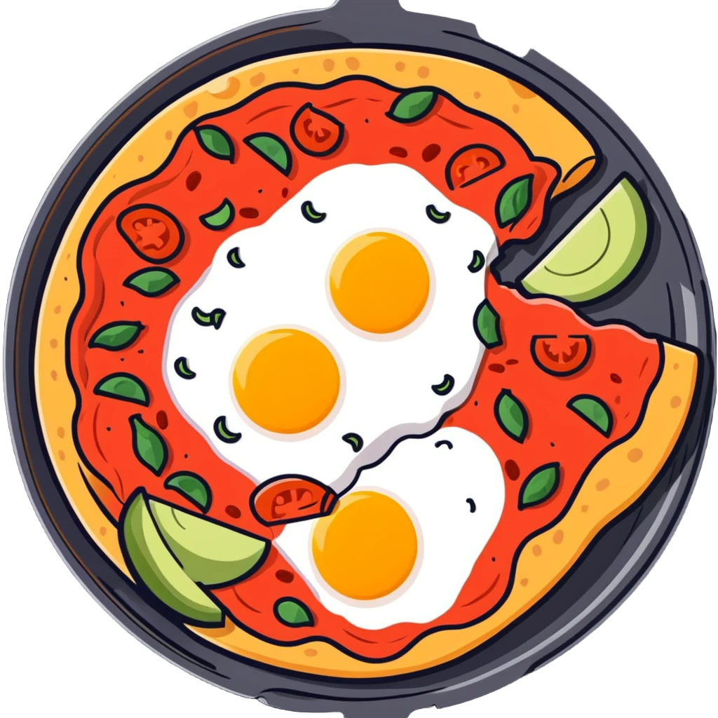 A delicious breakfast skillet with pizza cheese, tomato sauce, pepperoni, sliced avocado, and a sunny side up egg emoji