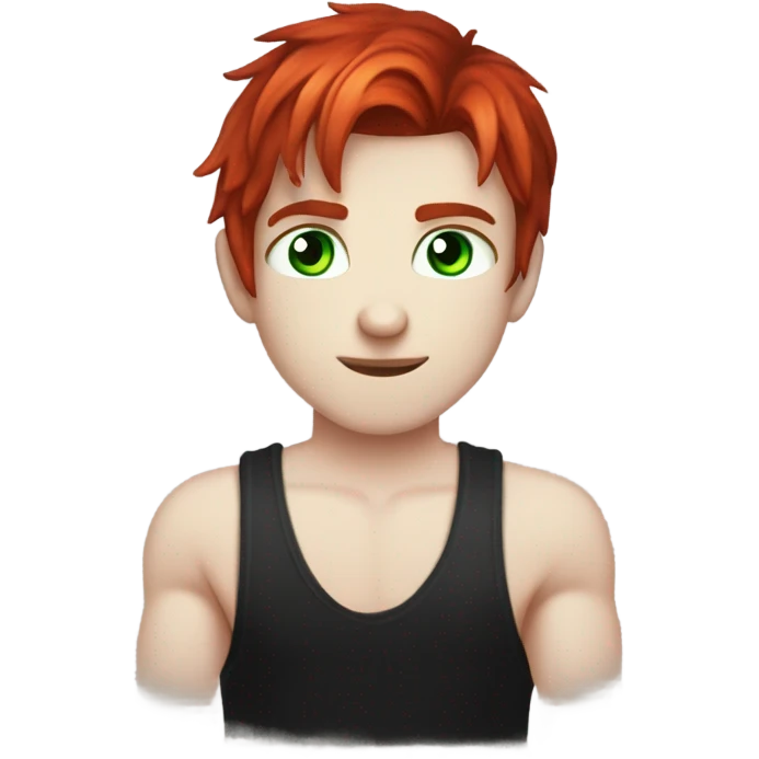 a boy with red hair in a mullet style cut, vampire like pale skin, green eyes, tattoos on his arms, a black tank top, lots of piercings  emoji