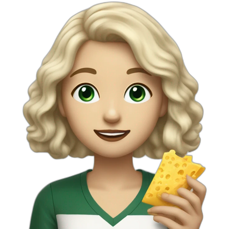 Slytherin girl with short wavy ash blonde bob hair and blue eyes eating chips and cheese emoji