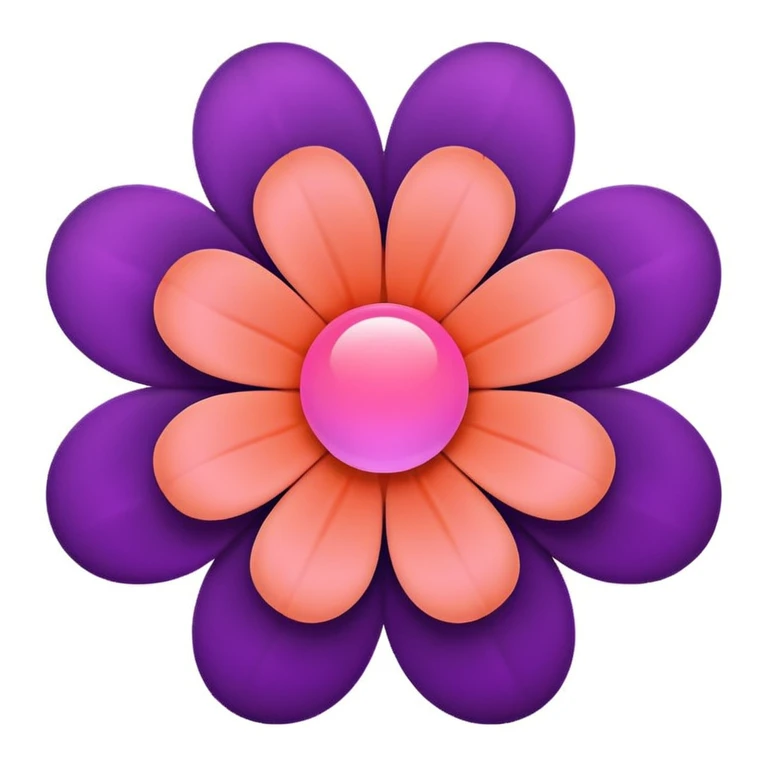 modern abstract flower emoji with five rounded deep purple petals arranged symmetrically with a circular gap in the center, glowing coral-pink sphere in the middle, very light pink rounded square background like a modern app icon, minimal elegant slightly futuristic emoji