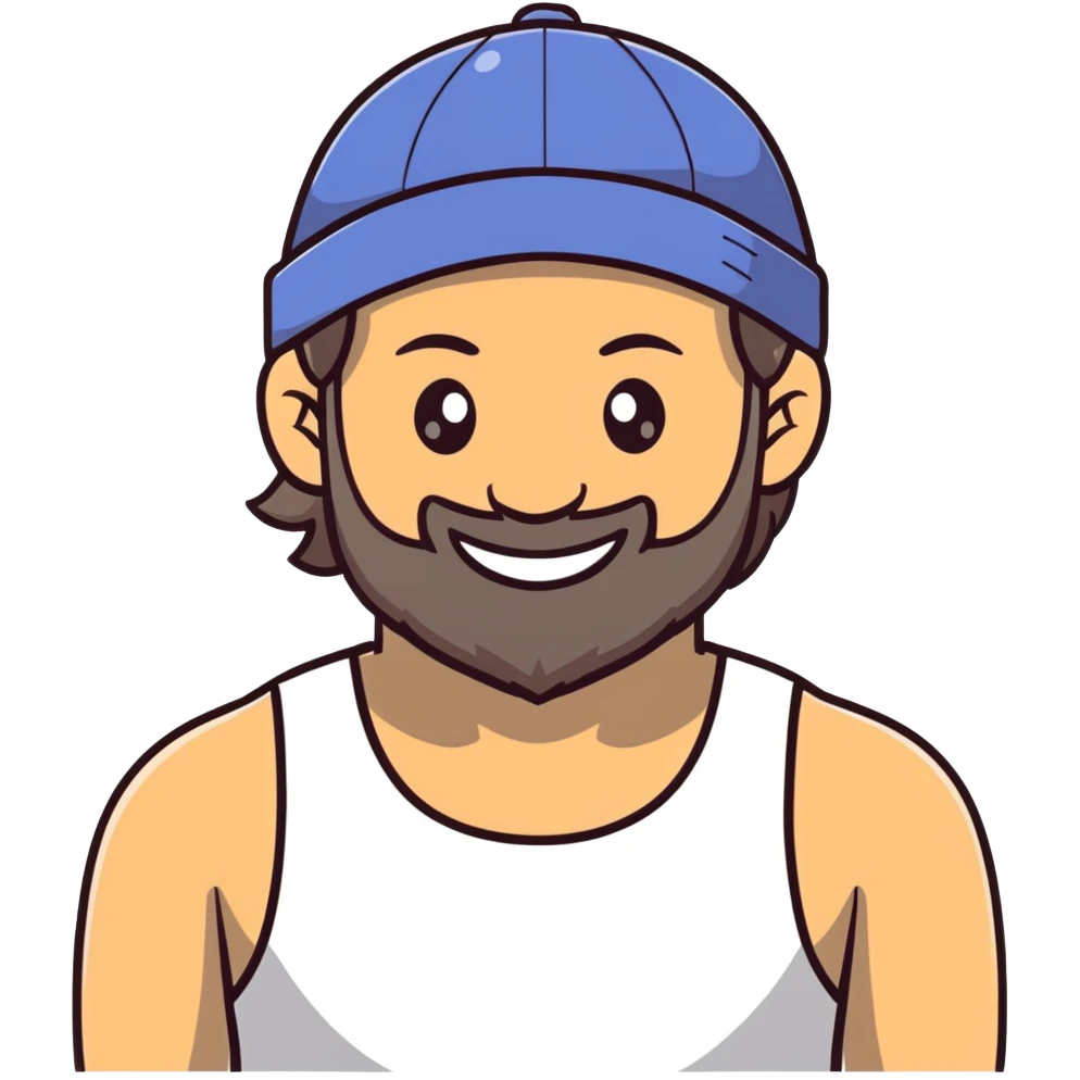 Alex Hormozi, white man with mid-long hair wearing a cap, big beard, smiling, white tank top emoji