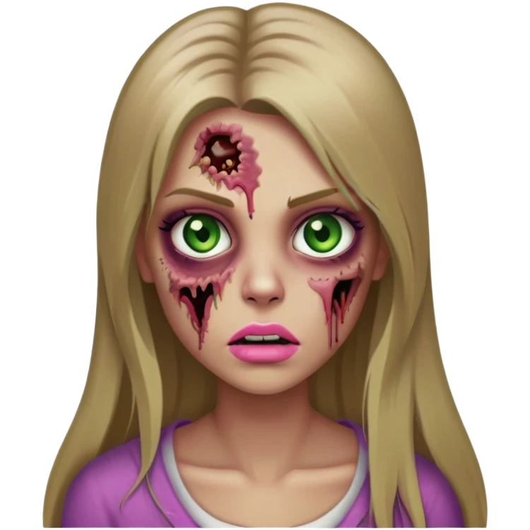 garota zumbi com cabelo grande loiro escuro e liso, olhos verdes, cílios grandes, boca média e rosada e cor da pele bege emoji