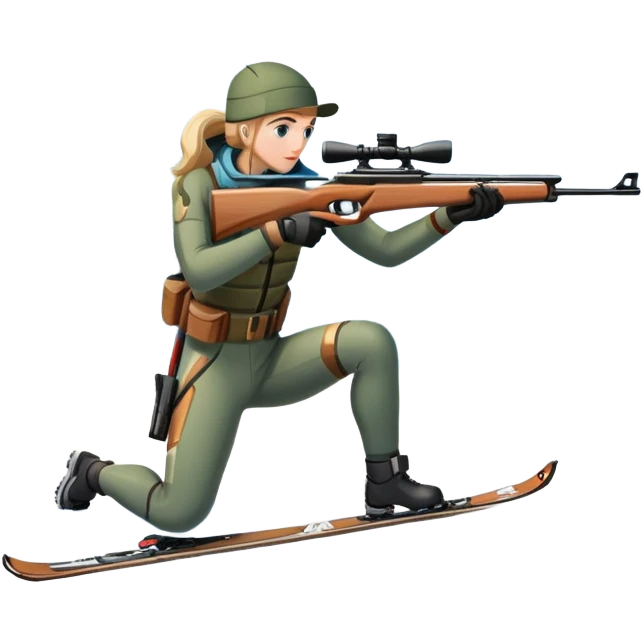 An icon showing a snowy landscape with pine trees, mountains, and a clear sky with a biathlete aiming a rifle in the foreground, wearing winter gear and skis. Transparent background emphasizes the precision, endurance, and beauty of this winter sport. emoji