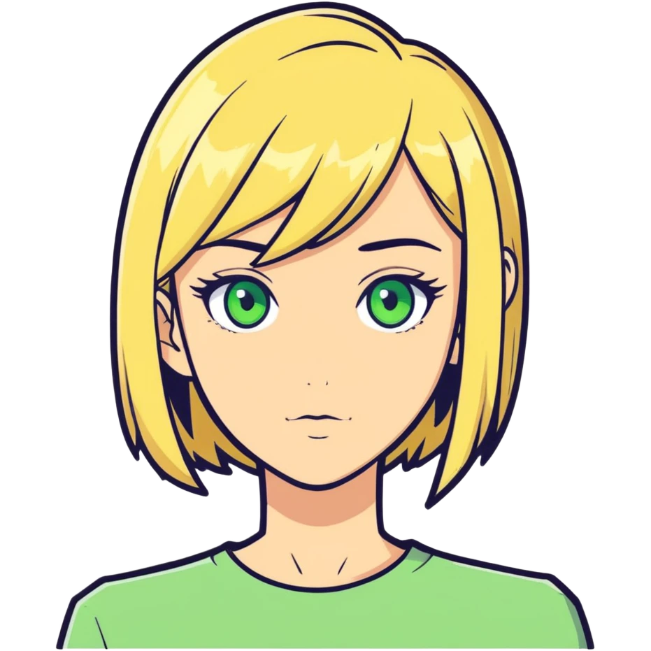 blonde girl with green eyes skinny and with an elongated bob emoji