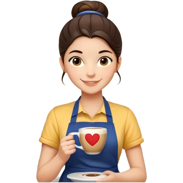Cute brunette barista girl with hair in a bun wearing yellow shirt and dark blue apron, she's relaxed and making heart-shaped latte art, smiling at the coffee cup with a heart design in the foam emoji