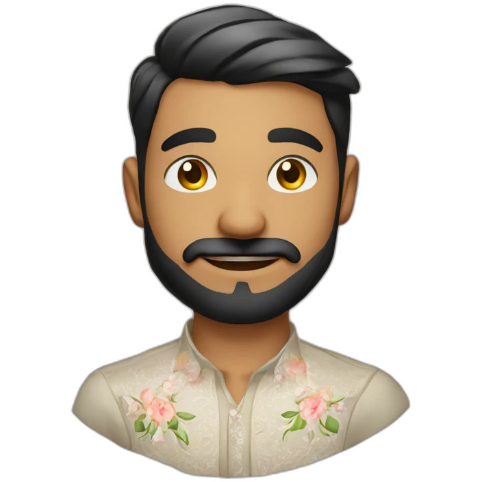 Indian 23 year old male with Indian fair complexion with beard and moustache joined,sharp nose, white floral shirt, winking  emoji