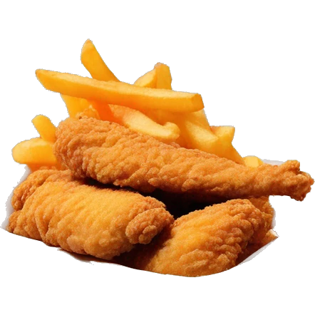 3 chicken tenders with crinkle fries and orange sauce on the side in a styrofoam container styrofoam container emoji
