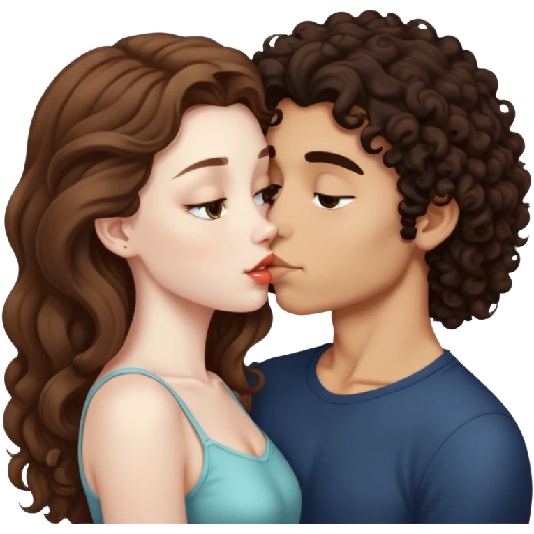 long light brown hair girl with pale skin and boy with dark curly hair and tanned skin kissing emoji