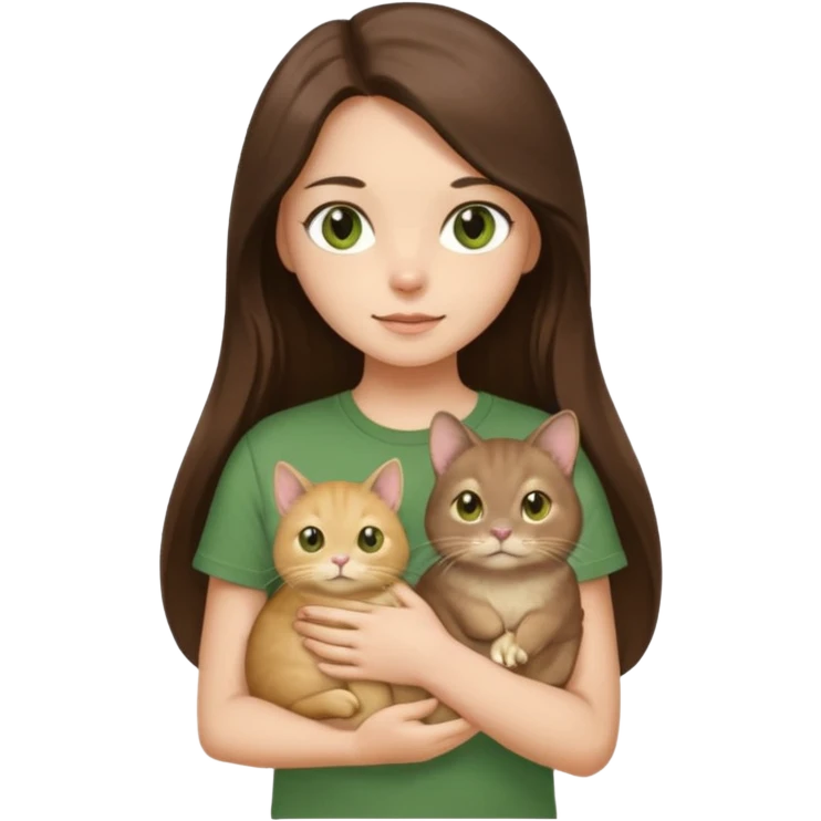 brunette girl with long hair and brown eyes in a brown T-shirt, holding a golden chinchilla cat in her arms, a cat with green eyes emoji