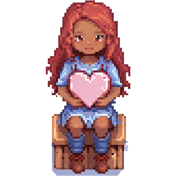 pixel art of a pink heart with a girl with red hair, brown eyes, brown skin sitting on top of the heart emoji