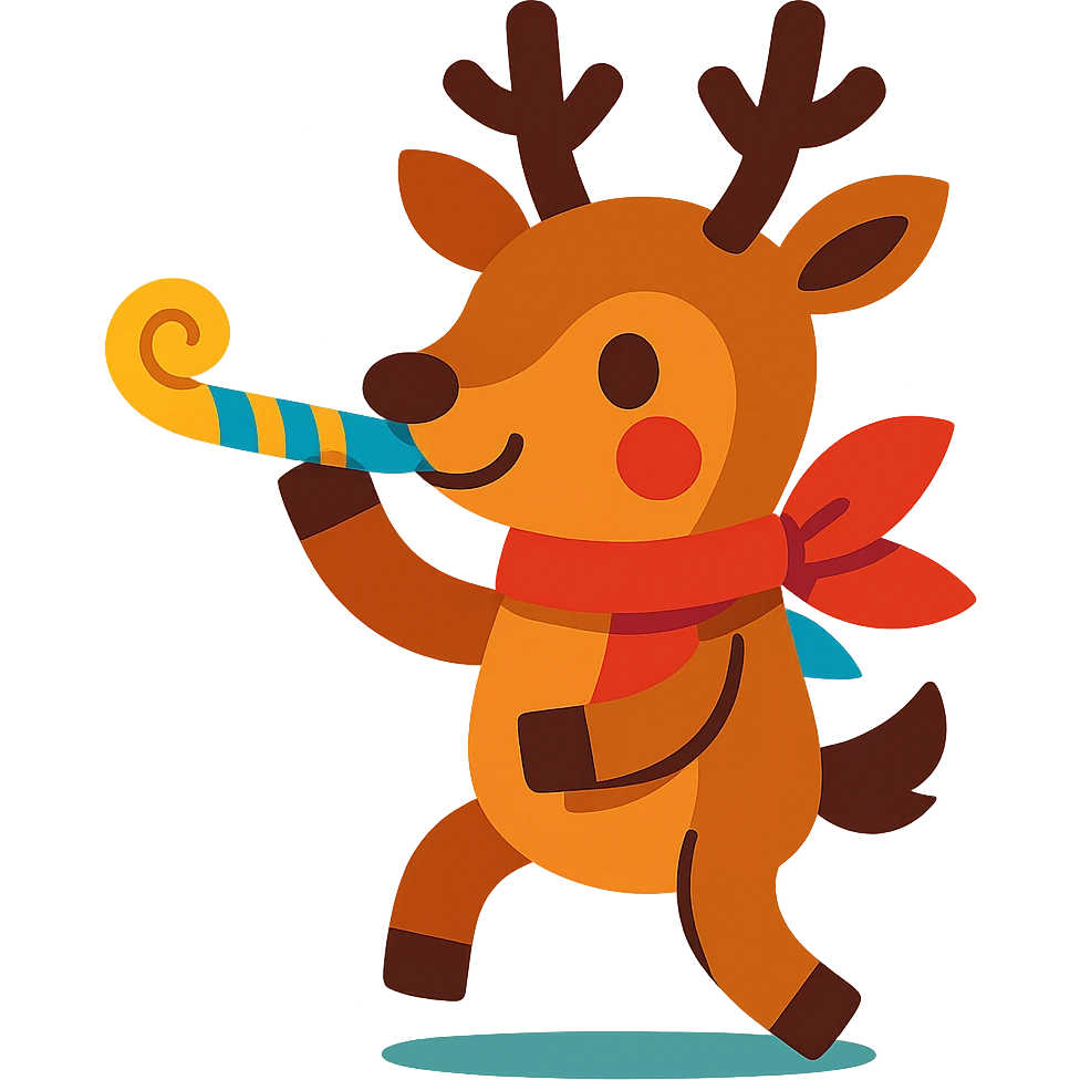 deer with ribbon scarf holding birthday horn in vibrant-toon style emoji