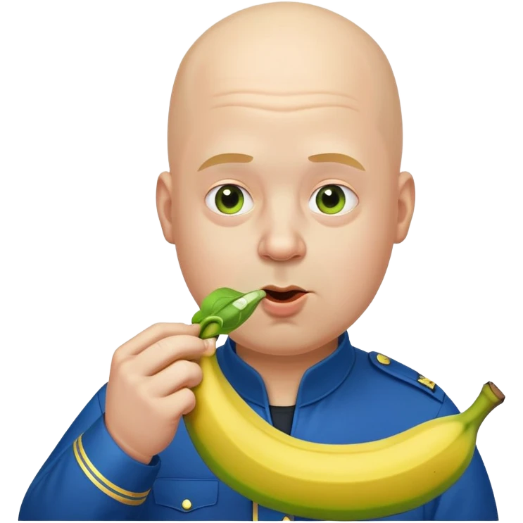 bald a bit fat man in a blue uniform eating a toxic green banana emoji