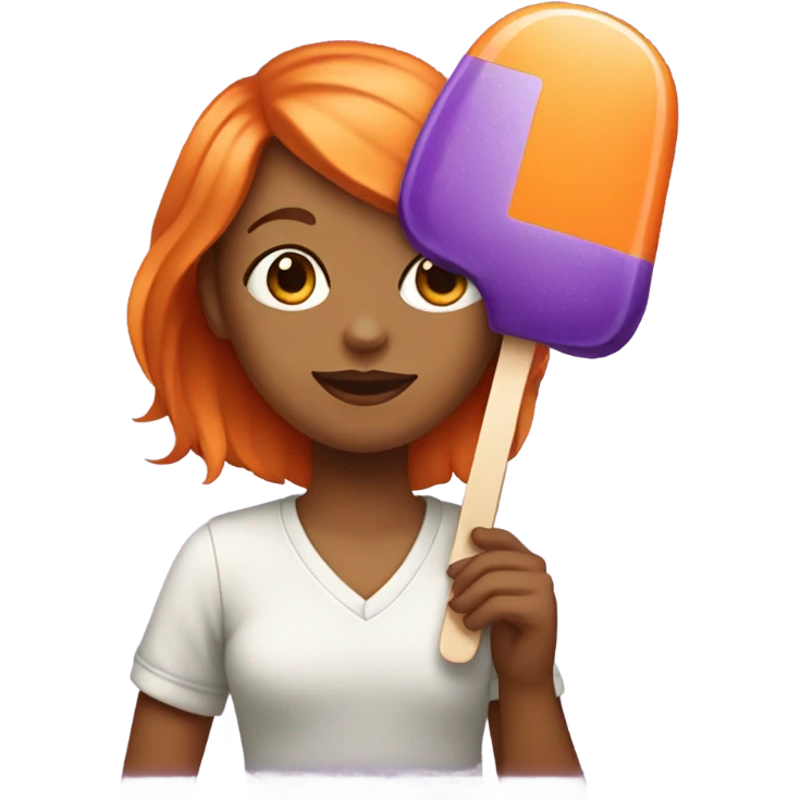 A girl with orange hair holding a purple popsicle  emoji