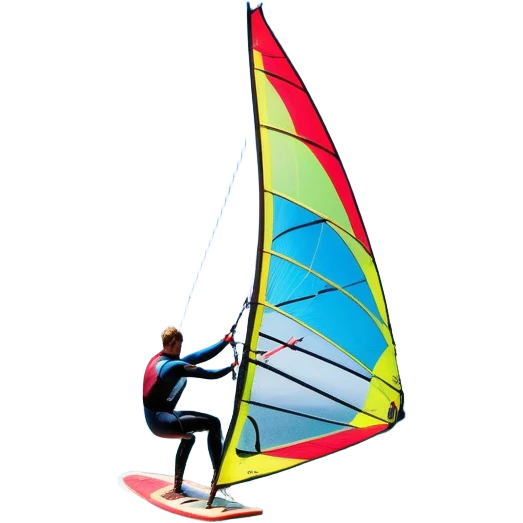 A windsurfer gliding across the ocean, with a vibrant sail catching the wind. The scene captures the motion of the board riding the ocean waves, surrounded by the bright blue sky and ocean, symbolizing the excitement and skill required in the sport of windsurfing. emoji